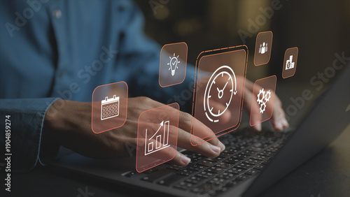 Digital time management system with virtual icons for scheduling, reminders and deadlines. Business professional organizing tasks and time efficiently via an online platform.