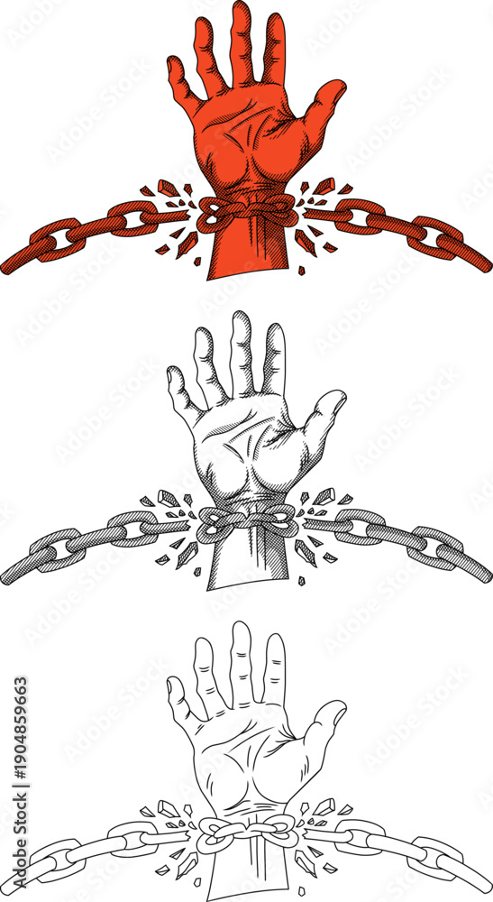 Fototapeta premium Hand breaking free from metal chains illustration set. Concept of liberation from fear, anxiety, and social pressure.Perfect for motivational posters, mental health awareness, and social justice theme