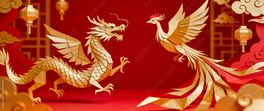 Fototapeta premium Golden paper cut dragon and phoenix on red background with copy space, elegant 3D paper craft style for Lunar New Year 2026 and Year of the Horse celebration.