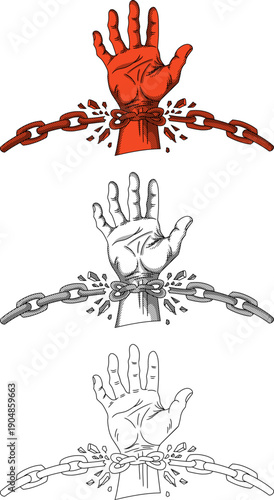 Hand breaking free from metal chains illustration set. Concept of liberation from fear, anxiety, and social pressure.Perfect for motivational posters, mental health awareness, and social justice theme