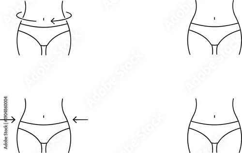 Female waist and abdomen anatomy illustration set with body contour arrows minimal outline vector collection for health