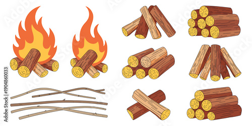 Various wood log piles and firewood stacks with flames for campfire  woodpile collections