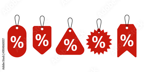 Red discount tags with percent signs on white background