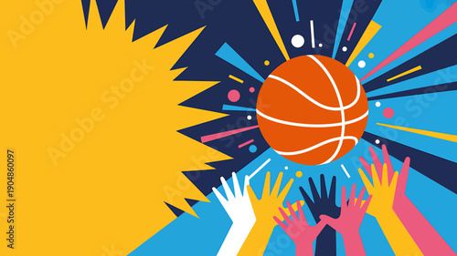 Colorful illustration of hands reaching for a basketball in a burst of motion