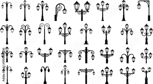 Vintage street lamp icon set featuring antique outdoor lantern silhouettes, classic Victorian lamp posts, and decorative urban lighting for vector design
