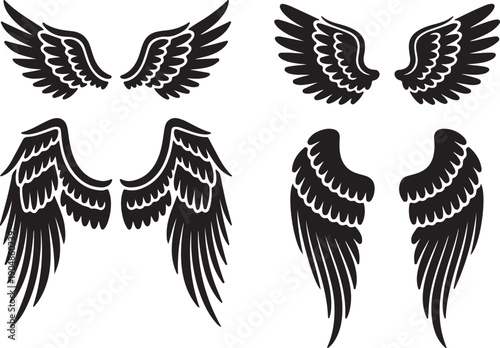 Four pairs of stylized solid black angel wings with detailed feather patterns