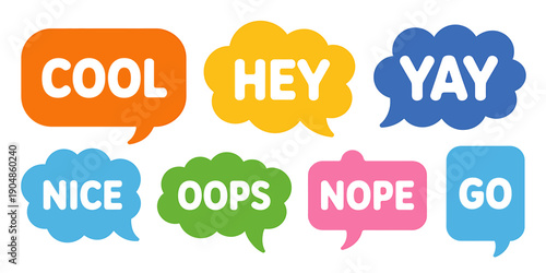 Colorful speech bubbles with various positive and neutral expressions on white background