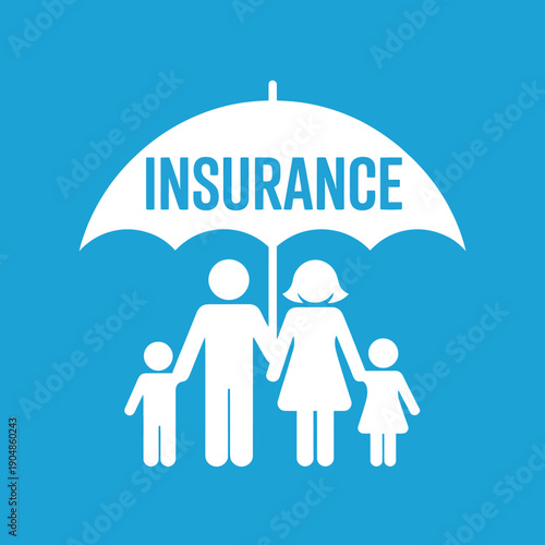 Family protected by insurance umbrella on blue background