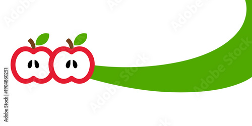 Two red apples with green leaves and brown stems on white background with green curve