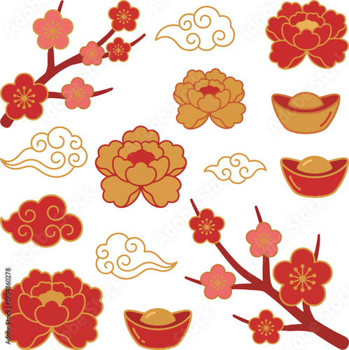 Chinese New Year plum blossoms peony flowers cloud patterns gold ingots