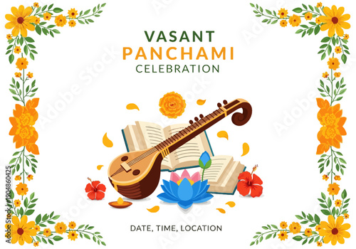 Vasant Panchami celebration invitation card with Veena lotus and marigold flowers