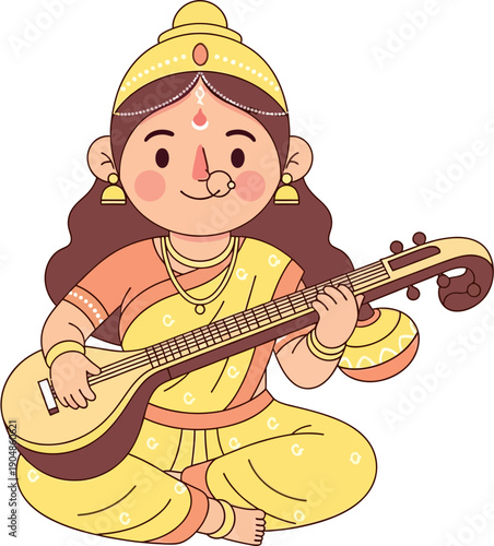 Cute chibi Goddess Saraswati character playing Veena for kids celebration