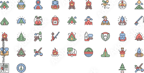 Camping and hiking icon set, outdoor adventure line color illustrations isolated on white background collection