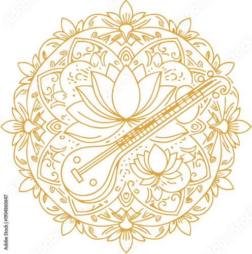 Intricate gold mandala art with Veena and lotus for Saraswati Puja festival Keywords: