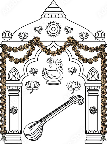 Traditional Indian temple archway with Veena and swan line art decoration