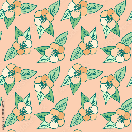 Vector seamless pattern with apple tree flowers. Основные RGB