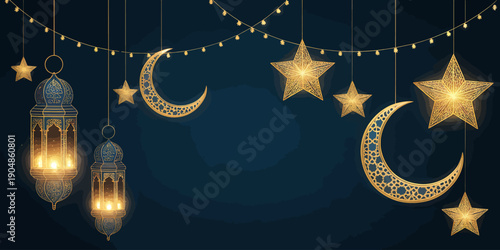 Ramadan kareem decorations with lanterns and stars on dark blue background