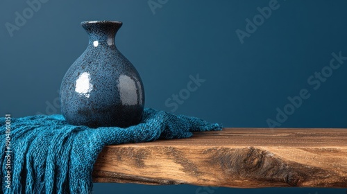 Dark blue vase on wooden table.