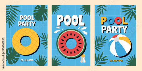 Pool party invitations with tropical leaves and inflatable pool toys on blue background