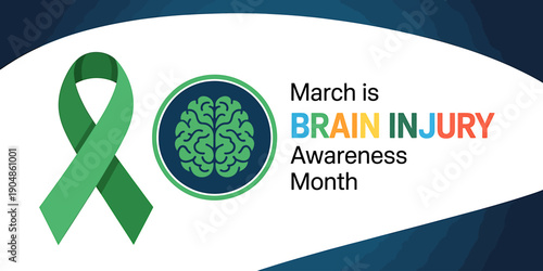 Brain injury awareness month symbol with green ribbon and brain logo on white