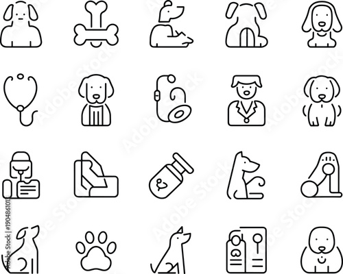 Veterinary and pet care line icons set, dog clinic and animal health outline symbols isolated on white