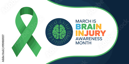 Brain injury awareness month with green ribbon and brain logo