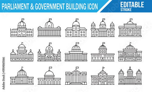 Editable Line Art Icons of Government Halls and Public Structures.