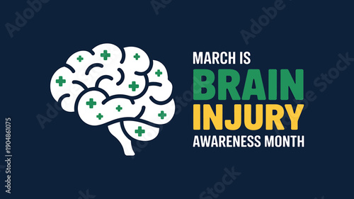 Brain injury awareness month educational graphic with white brain and green crosses on dark blue