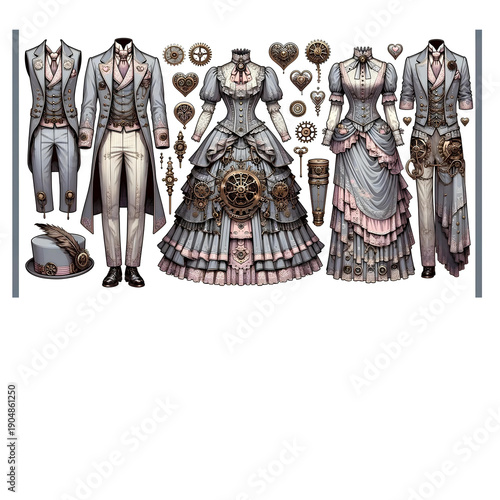 Sophisticated silver and pink steampunk fashion combines Victorian elegance with intricate metallic details.