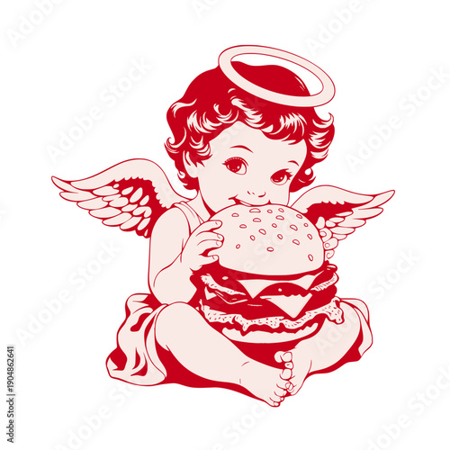 A cherub angel holds and eats a burger expressing humor food joy innocence and playful fantasy in a classic red illustration with a modern lifestyle twist.