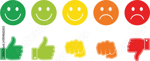 Customer satisfaction feedback rating scale with colorful emoji smiley faces and hand gestures from happy thumbs up to sad thumbs down vector.