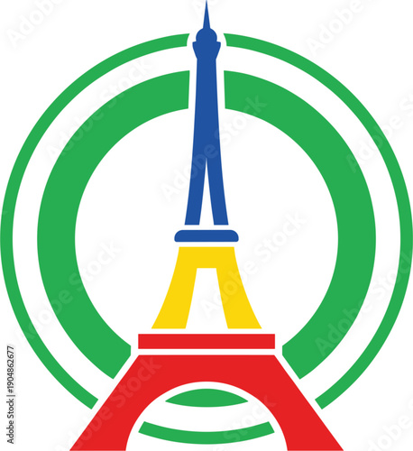 Eiffel Tower Paris landmark vector logo with blue yellow and red colors inside a green circular frame for France travel and tourism.