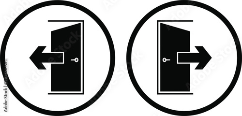 Emergency exit and entrance door sign icons with directional arrows in circular frames for public building safety and fire escape route guidance.