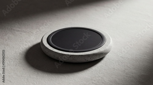 A modern wireless charging pad made of concrete and black glass sits on a gray surface with a shadow cast to the left
