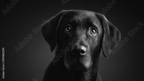 Black Dog Portrait with Intensive Gaze Against Dark Background
