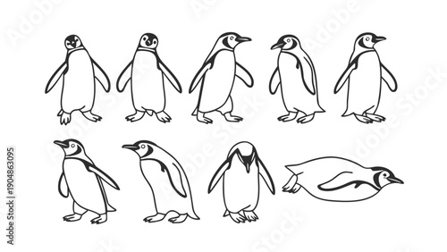 Penguin Line Art Vector Icon Set Minimal Outline Penguin Poses.