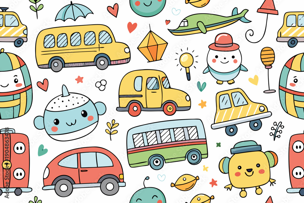 Naklejka premium Charming seamless pattern illustration depicting an array of cute cartoon vehicles such as buses, cars, and airplanes, alongside whimsical anthropomorphic characters and playful design elements for a.