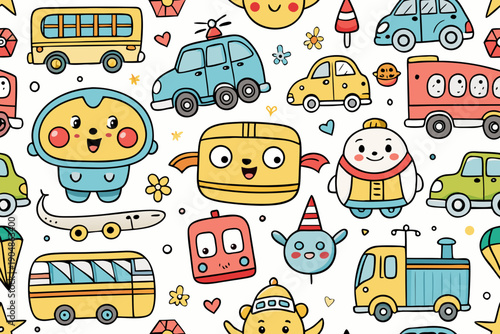 Cute doodle pattern featuring anthropomorphic vehicles and happy cartoon characters scattered across a light background for children's textile designs and wallpaper applications.