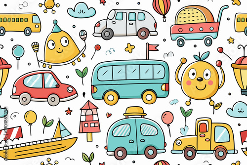 Cute cartoon vehicles and anthropomorphic shapes create a joyful, hand-drawn seamless pattern ideal for children's textile design or wallpaper applications.