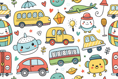 Charming seamless pattern illustration depicting an array of cute cartoon vehicles such as buses, cars, and airplanes, alongside whimsical anthropomorphic characters and playful design elements for a.