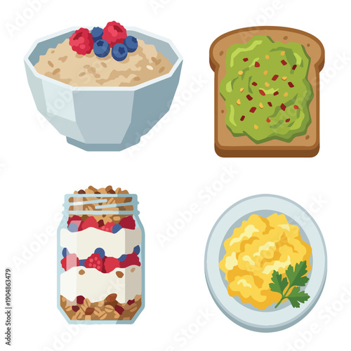Healthy Breakfast Food Menu Icon Set, Morning Nutrition Meal and Diet Collection