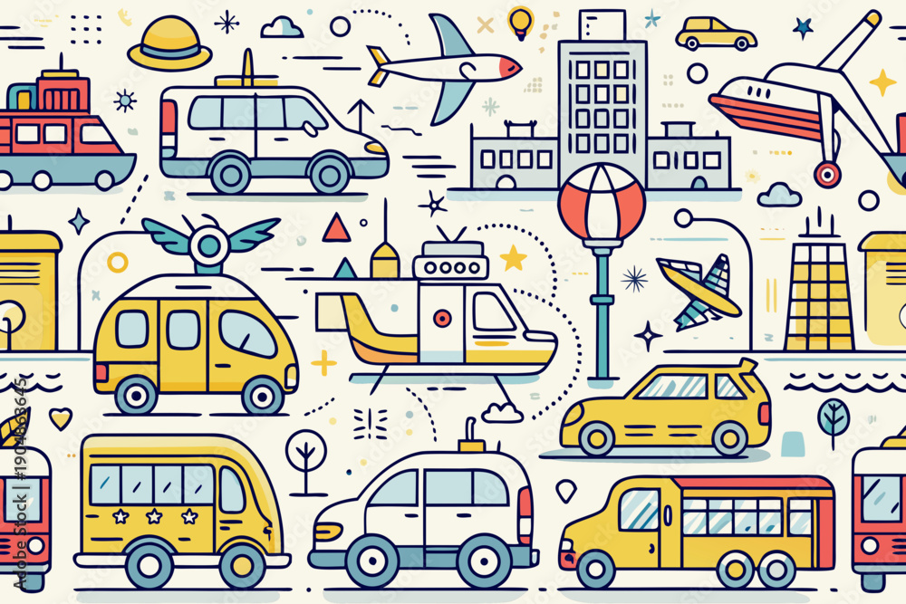 Naklejka premium Various modes of public and private transportation including cars, buses, airplanes, and helicopters are illustrated across a cityscape background.