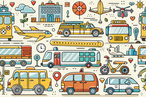 Detailed composition displays various motorized and non-motorized conveyances such as trucks, airplanes, and mopeds rendered in a charming, flat, colorful artistic style.
