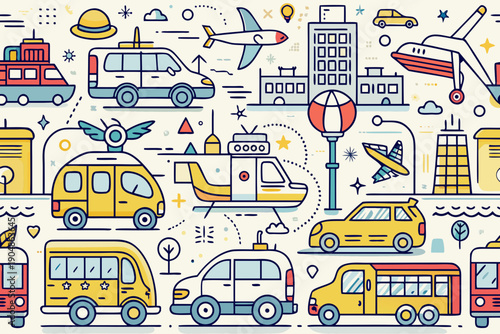 Various modes of public and private transportation including cars, buses, airplanes, and helicopters are illustrated across a cityscape background.
