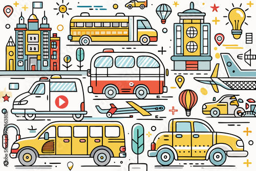 Busy mosaic design shows many forms of modern conveyance including minivans, automobiles, aircraft, and large buses overlapping in a playful, high-density composition.