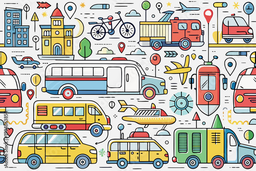 Brightly colored vector icons depicting various urban and travel transportation modes including buses, cars, airplanes, and bicycles form a seamless pattern backdrop.