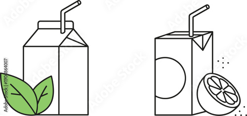 Juice carton illustration set with eco leaf and sliced citrus packaging outline vector design for branding food beverage