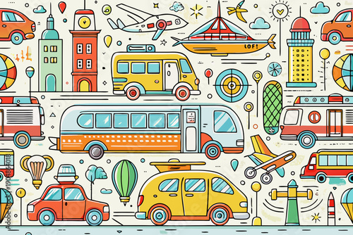 Colorful vector background illustrating various forms of transit like airplanes, buses, and small cars interspersed with stylized tourist attractions and travel symbols.