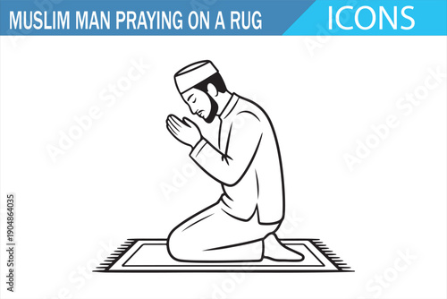 Muslim Man Performing Salah on Prayer Rug Line Icon