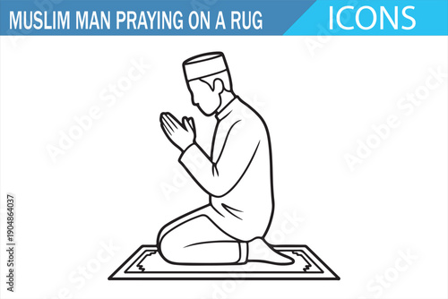 Muslim Man Praying on Rug Line Icon, Islamic Salah Worship Illustration, Spiritual Dua Pose Minimal Outline Vector Symbol for Ramadan, Religion, Education, Web and App Design